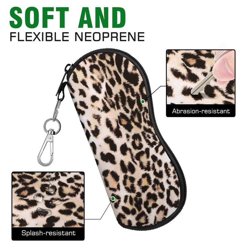 MoKo Eyeglasses Case, (2 Pack) Soft Zippered Neoprene Sunglasses Pouch Protective Eyewear Case Bag with Clip for Men and Women, Black and Leopard - Image 2